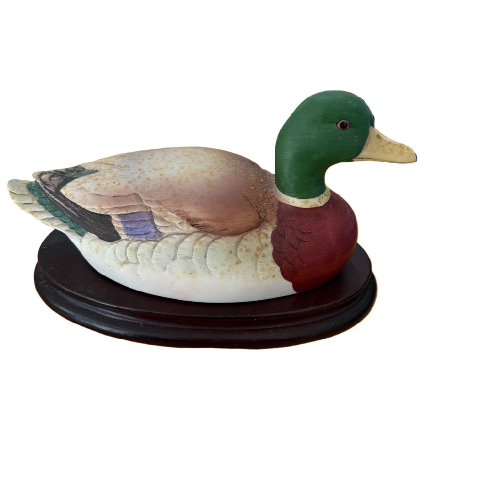 Vintage 1983 Handcrafted Duck Figurine - Green, Brown, and White w brown stand.